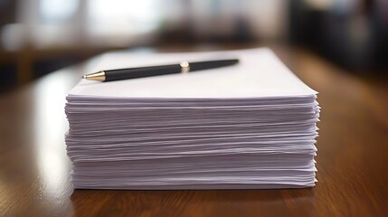 A stack of white paper sheets with a pen placed on top, ready for writing