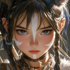 Close-up Portrait of a Fantasy Woman with White Face Paint and Braided Hair.