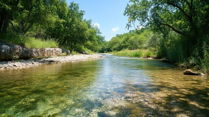 A serene river flows through lush greenery under a clear blue sky.