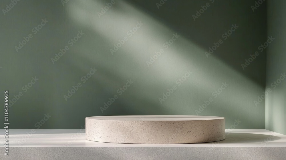 Poster minimalist round stone pedestal table against a soft green wall with elegant shadows for product dis