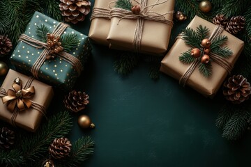 Top View of Beautifully Wrapped Christmas Presents Surrounded by Pine Cones and Greenery in a Festive Holiday Setting