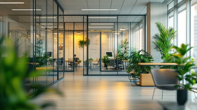 Fototapeta Blurred office interior background with a blurred door and glass wall, blurry bokeh light effect for a business concept design. High-quality photo, taken with a telephoto lens in realistic daylight