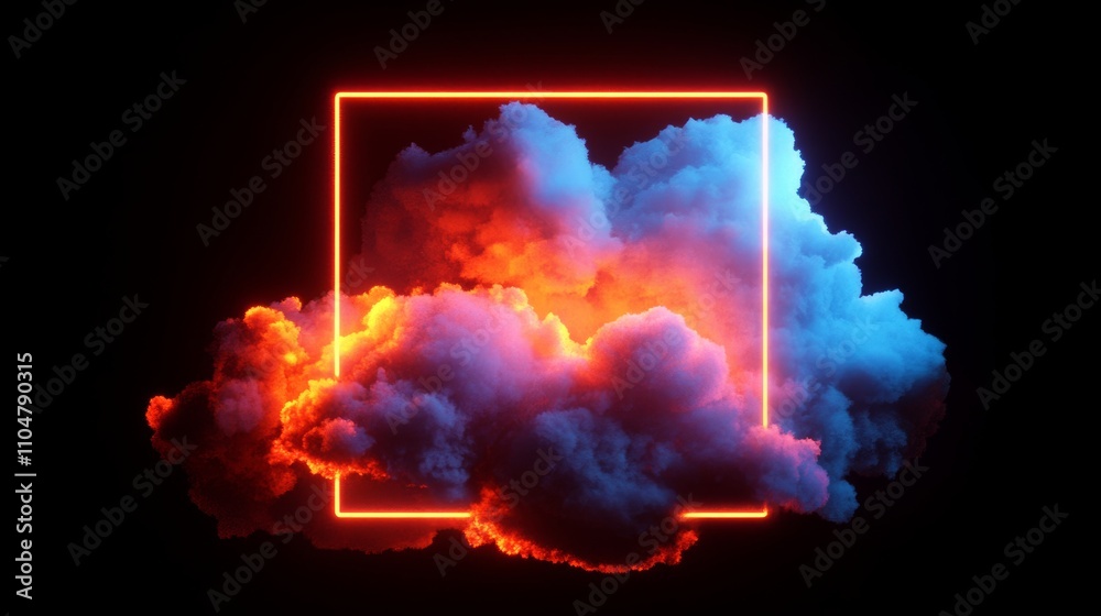 Poster Neon Cloud Formation with Glowing Red Square Frame Abstract Digital Art