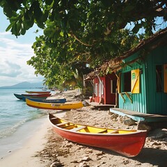 Obraz premium Colorful Boats on a Tropical Beach in the Caribbean.