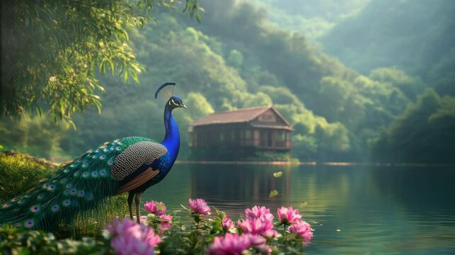 Beautiful and graceful peacocks relaxing on the edge of a beautiful lake. seamless looping time-lapse virtual 4k video Animation Background.	
