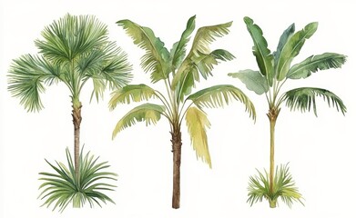 Watercolor palm trees with different leaf structures isolated on white background vintage tropical jungle foliage