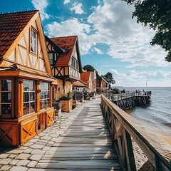 Fototapeta premium Wooden walkway leading to the sea in a charming seaside village.