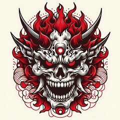 Intricate skull design with fiery elements.