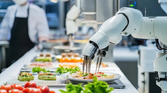 A robotic culinary academy with AI chefs creating gourmet dishes, Culinary Arts style, photo of