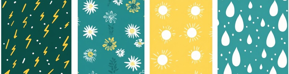 Vibrant Patterned Fabric Strip with Sun Lightning Drops and Flowers in Teal Yellow White Colors
