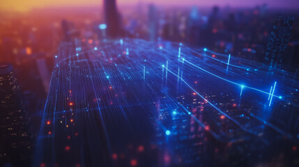 Obraz premium Smart digital city with connection cyber security network reciprocity over the twilight cityscape.future wireless digital city and social media networking systems that connects people within the city