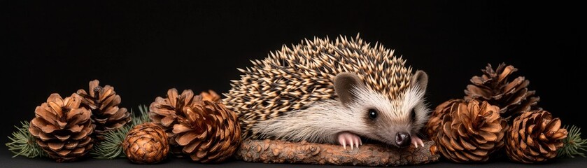 Obraz premium Hedgehog resting among pine cones on a dark background