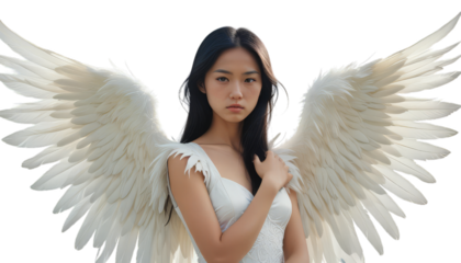 Woman with long dark hair wearing a white dress with feathered wings isolated transparent background PNG
