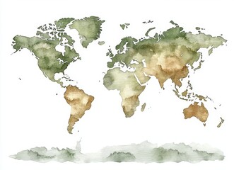 Watercolor World Map Geographical Illustration Hand-painted Continents on White Background Nursery Print