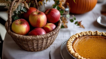 A cozy autumn scene featuring apples and a pumpkin pie.