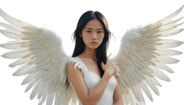 Woman with long dark hair wearing a white dress with feathered wings isolated transparent background PNG