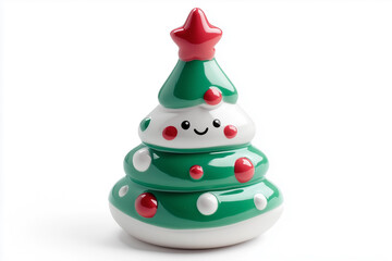 A cute and minimalist Christmas tree figurine with a glossy finish, featuring a cheerful smiley face, red and white ornaments, and a red star on top.