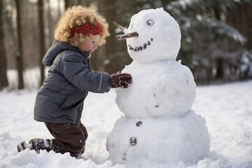 Young kid boy snowman in snow winter christmas