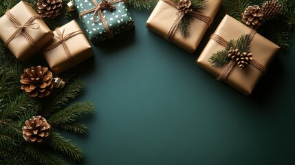 Top View of Beautifully Wrapped Christmas Presents with Pinecones and Greenery on a Dark Surface, Ideal for Holiday Themed Designs and Projects