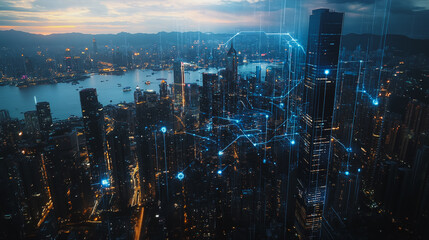 Fototapeta premium Smart digital city with connection cyber security network reciprocity over the twilight cityscape.future wireless digital city and social media networking systems that connects people within the city