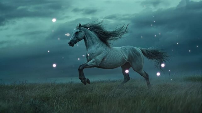 a tough horse that runs on a very beautiful grass field. seamless looping time-lapse virtual 4k video Animation Background.	