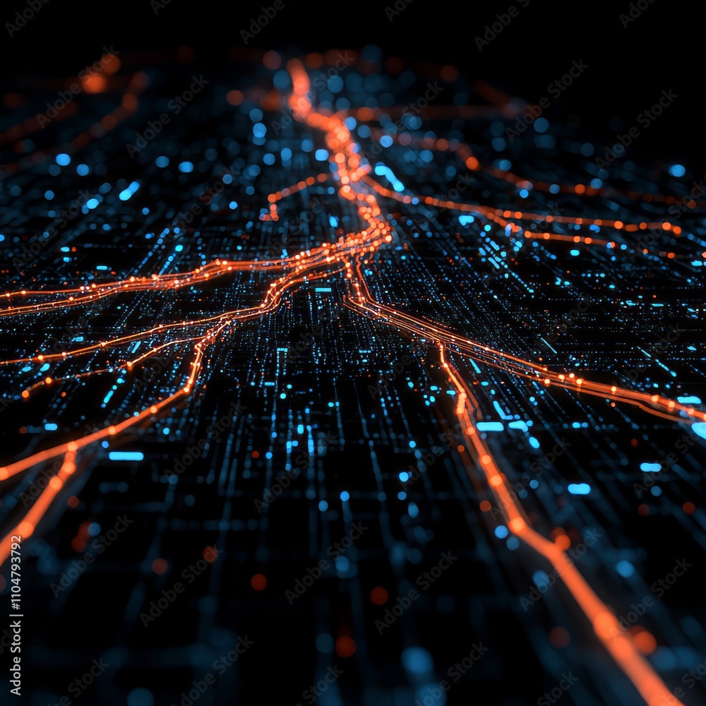 Poster abstract digital network data flow visualization.