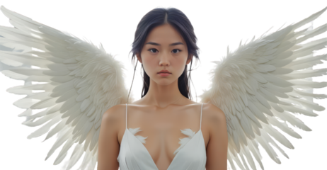 Asian woman with long dark hair wearing a white dress with feathered wings