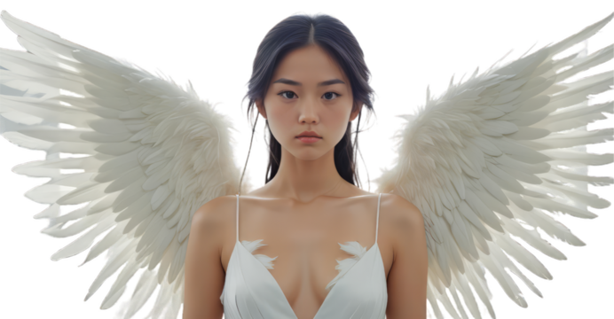 Asian woman with long dark hair wearing a white dress with feathered wings