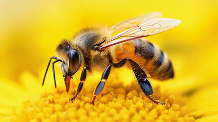 A close-up of a bee collecting pollen from a vibrant yellow flower, showcasing its intricate details and the beauty of nature.