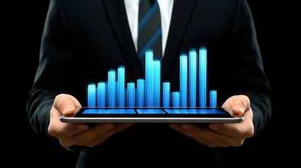 Businessman holding tablet with financial data visualization graphics.