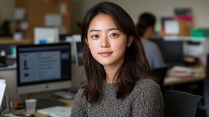 Confident Young Asian Woman Office Portrait Modern Workplace