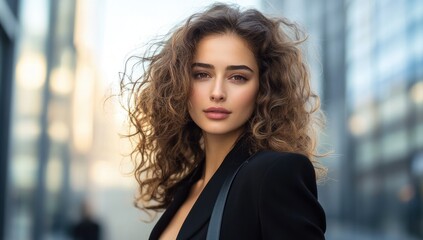 an attractive woman with curly brown hair, wearing a black shirt and pants, standing outside and holding her handbag