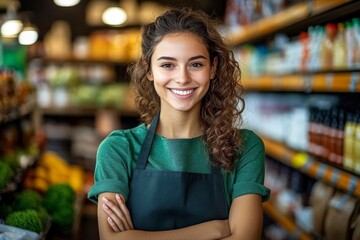 Smiling Young Woman in Green Shirt and Apron Working as Cashier in Grocery Store