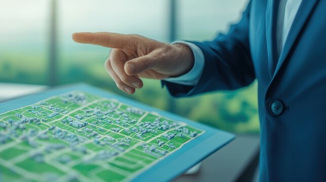 Businessman analyzing map on digital tablet indoors.