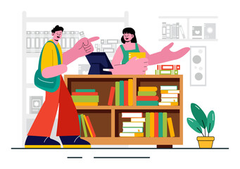 Bookstore Vector Illustration featuring a School Library Room for Studying, Reading, Education, Self Development, and Literature in a Flat Background