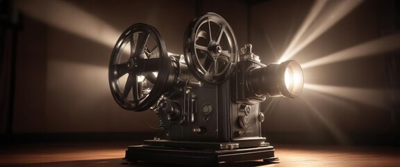 Obraz premium Theatrical lighting shining on old film projector, Stage Spotlight, Cinematic Art, Theater Production
