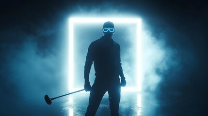 Naklejka premium Silhouette of Golfer in Dramatic Lighting Holding Golf Club in Smoky Environment