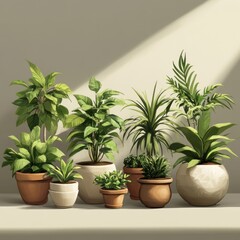 Obraz premium A collection of potted plants in various sizes and types, arranged on a shelf against a light wall with a sunbeam shining on them.