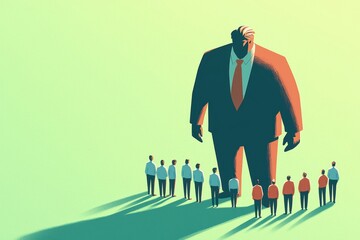 Dominant figure overseeing a group of smaller individuals.
