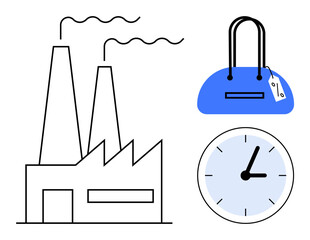 Factory with smoking chimneys, a blue handbag with a price tag, and a clock. Ideal for manufacturing, commerce, time management, production processes, retail, industrial economy and business
