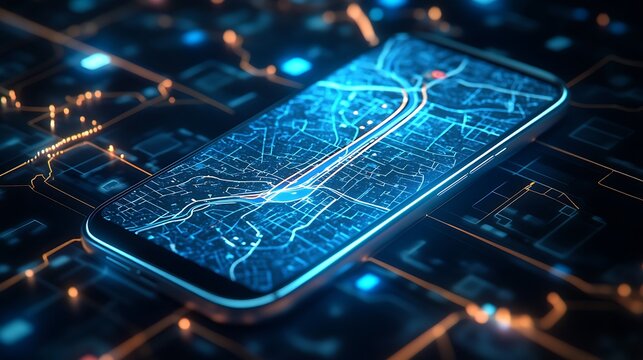 A mobile phone screen displaying a map navigation app, with a route highlighted on the screen