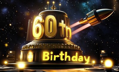 60th Birthday Celebration with Golden Cake and Spaceship in a Starry Sky