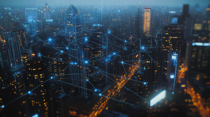 Obraz premium Smart digital city with connection cyber security network reciprocity over the twilight cityscape.future wireless digital city and social media networking systems that connects people within the city