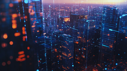 Obraz premium Smart digital city with connection cyber security network reciprocity over the twilight cityscape.future wireless digital city and social media networking systems that connects people within the city