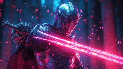 Fototapeta premium Futuristic Armored Knight with Glowing Sword in Enchanted Forest