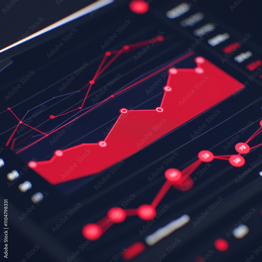 Poster close-up of a tablet screen displaying red financial graphs and charts showing growth and progress.