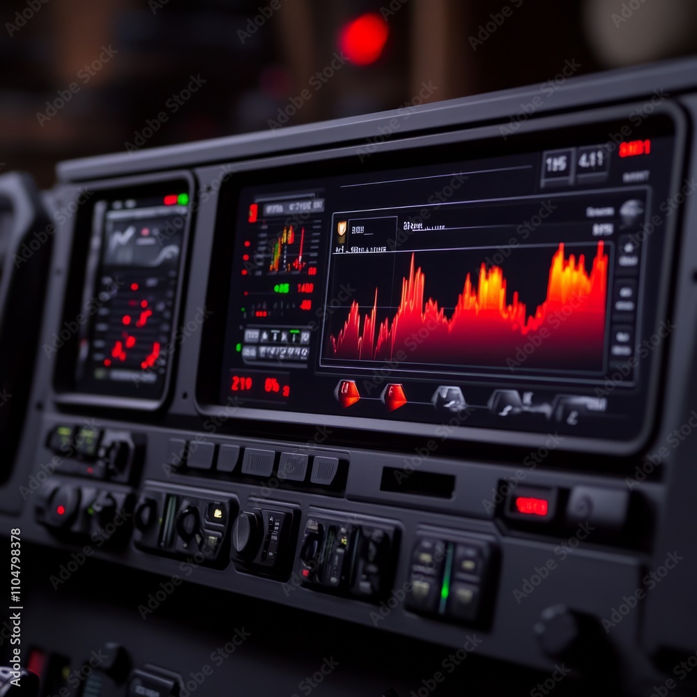 Poster close-up of a vehicle's digital dashboard displaying various data graphs and metrics.