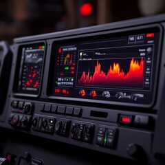 Close-up of a vehicle's digital dashboard displaying various data graphs and metrics.