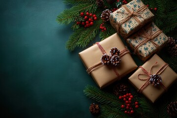 A Stunning Top View of Beautifully Wrapped Christmas Presents Surrounded by Pine Branches, Berries, and Pine Cones on a Dark Green Background