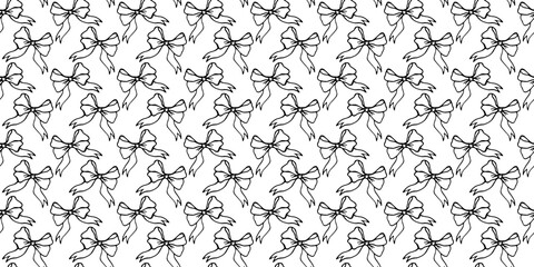 Pattern of black bows on white background. Hand drawn bow with ribbons pattern. Hair bows vector pattern. Bows for gift decoration cover
